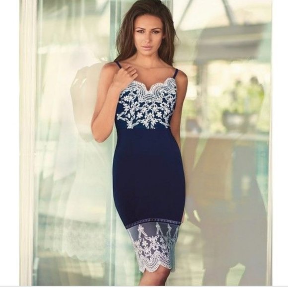 michelle keegan blue and white dress